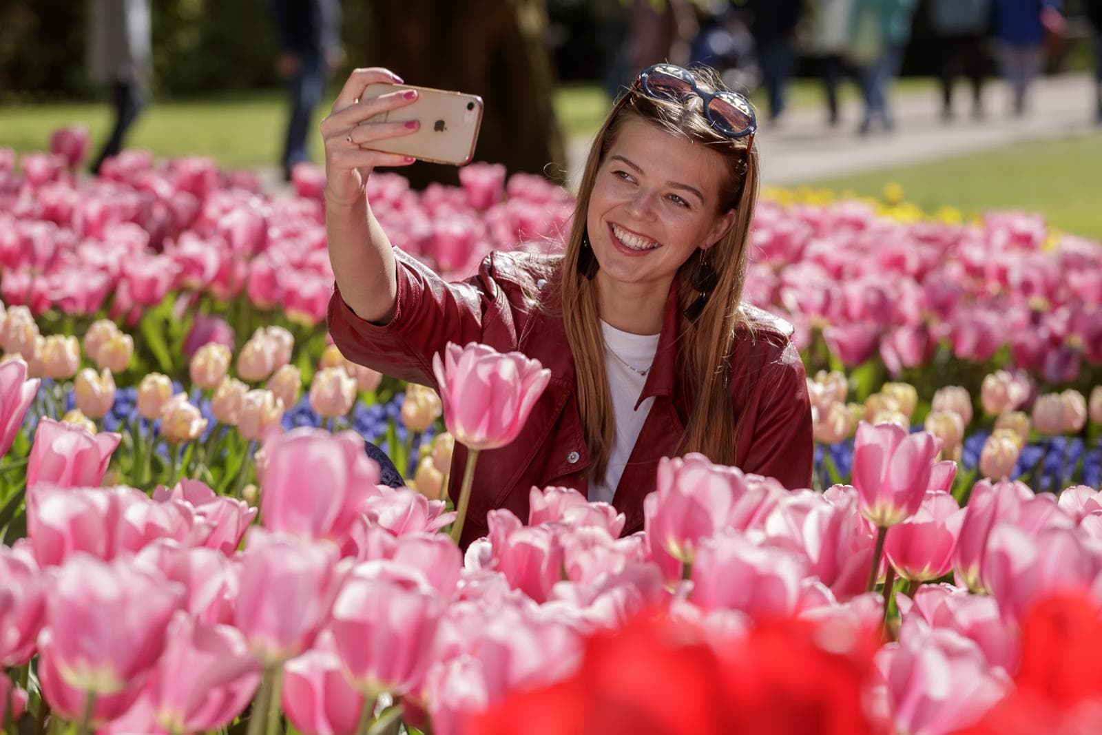 Frau macht Selfie in buntem Tulpenfeld an sonnigem Tag.