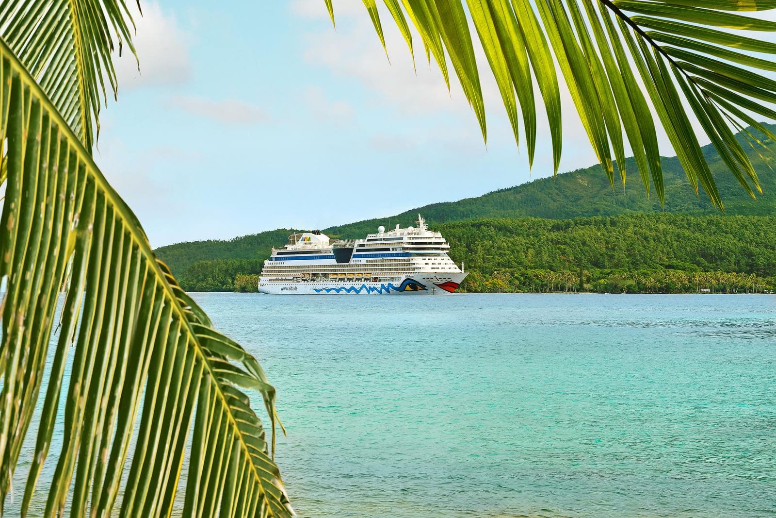 Kreuzfahrtschiff vor grüner Insel, türkisblaues Wasser, Palmen im Vordergrund.