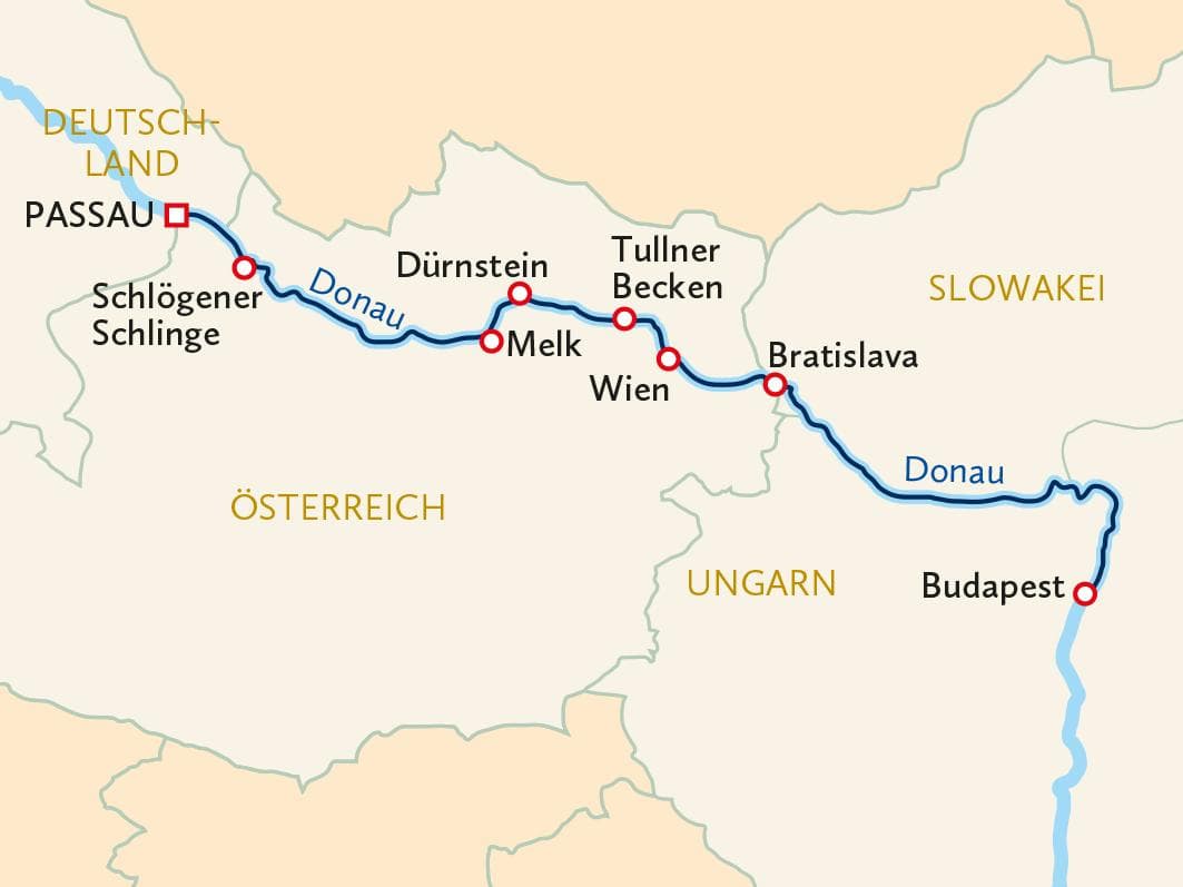 Karte zeigt Flusskreuzfahrt von Passau in Deutschland über Wien nach Budapest in Ungarn.