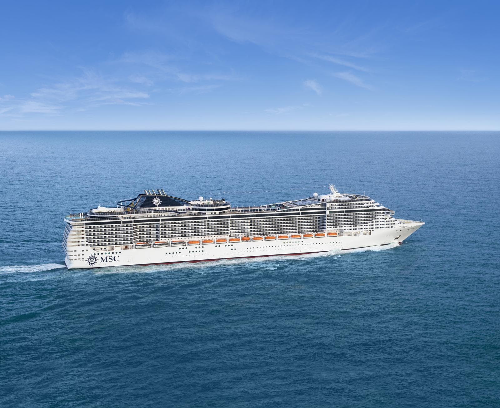 Großes Kreuzfahrtschiff auf offenem Meer unter klarem, blauem Himmel.