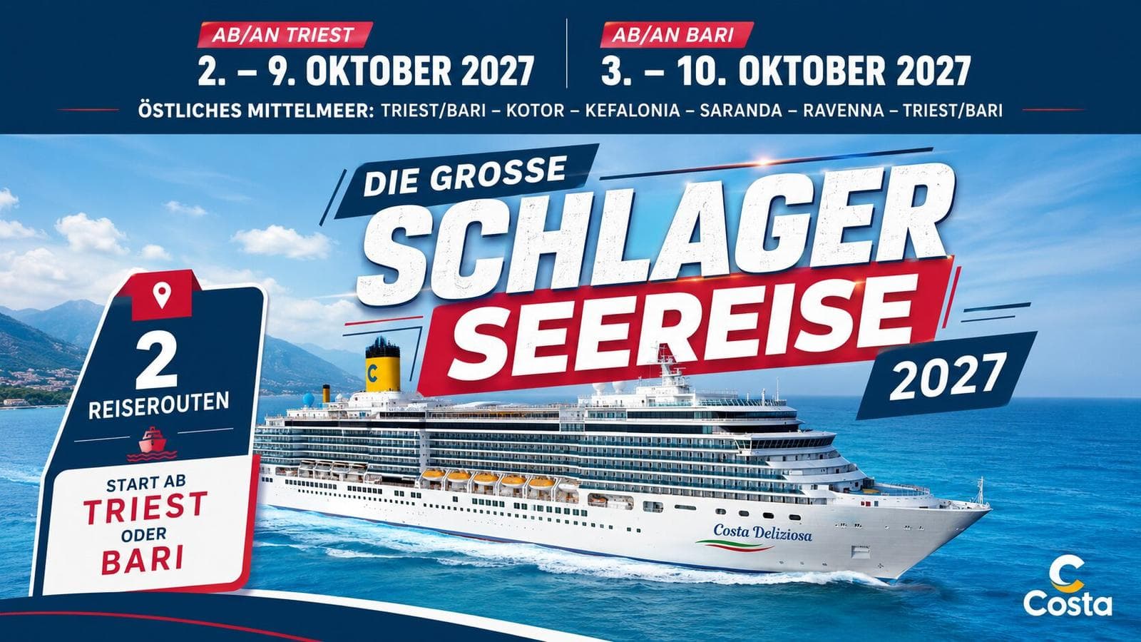 Kreuzfahrtschiff Costa Deliziosa auf blauem Meer vor malerischer Küstenkulisse.