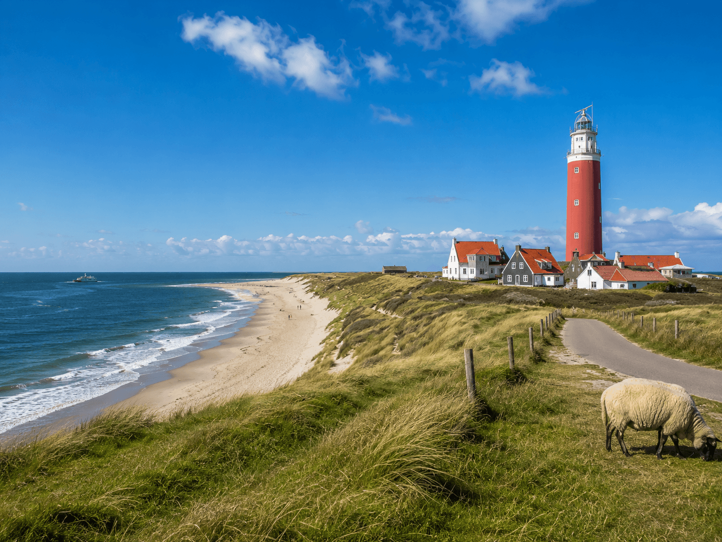 Roter Leuchtturm auf Texel, Niederlande, mit Strand, Dünen und grasenden Schafen.