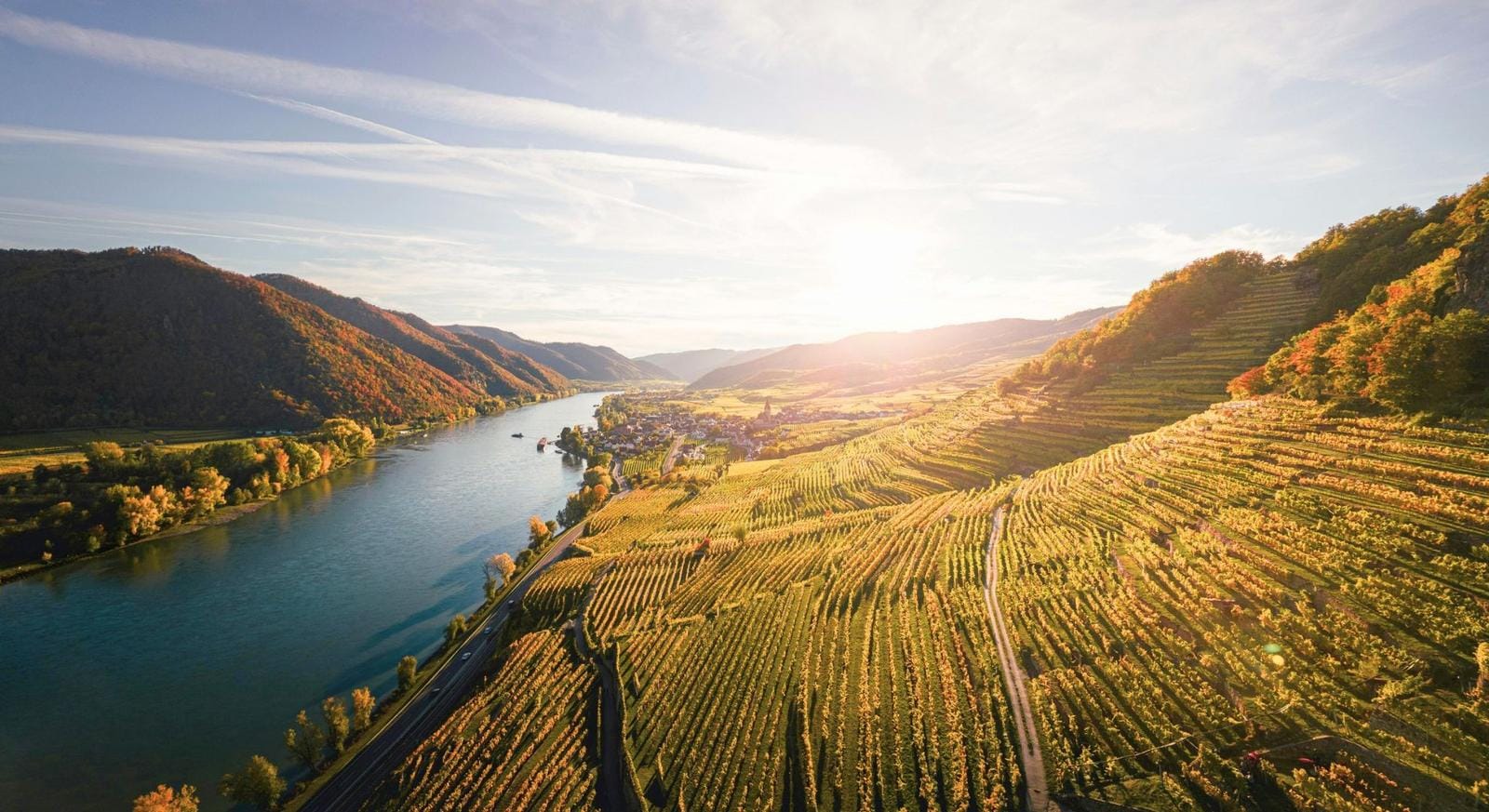 Flusslandschaft mit Weinbergen in der Wachau, Österreich, bei Sonnenuntergang.