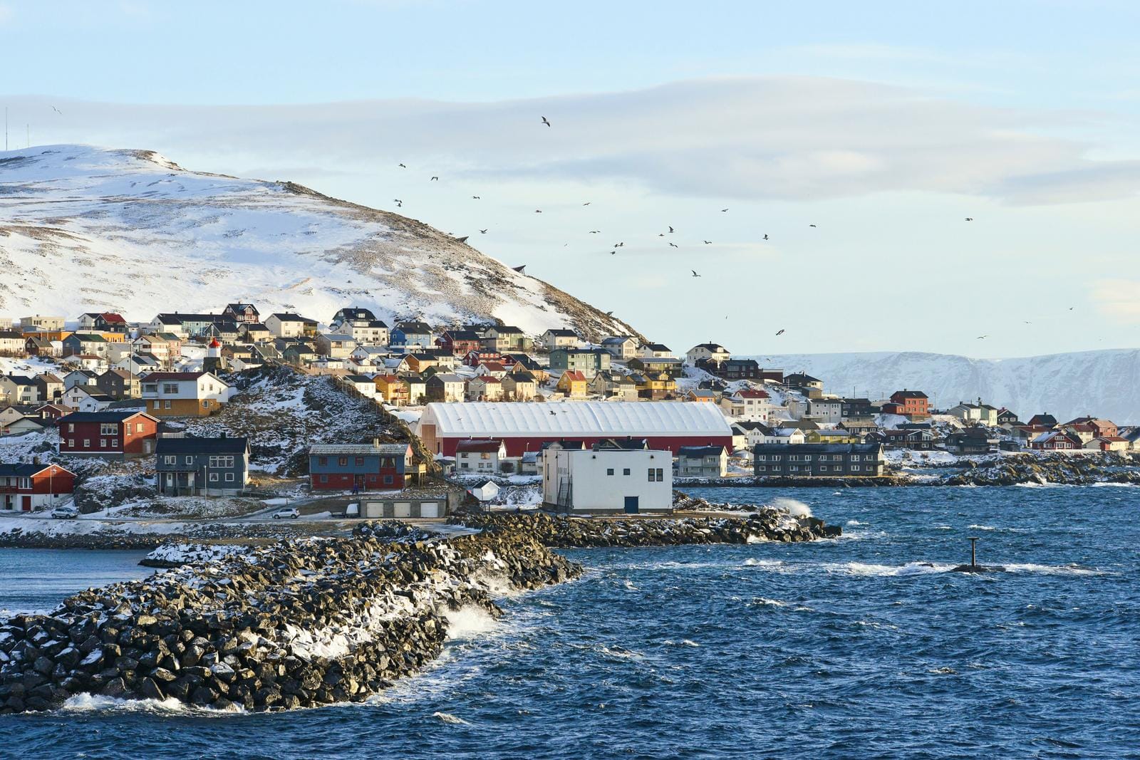 Norwegen, Küstenort mit bunten Häusern und verschneiten Hügeln am Meer.