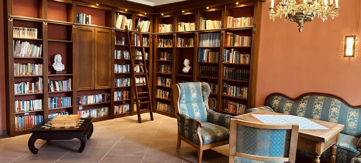 Gemütliche Bibliothek mit Holzbücherregalen, Leiter, blauem Sofa und Kronleuchter.
