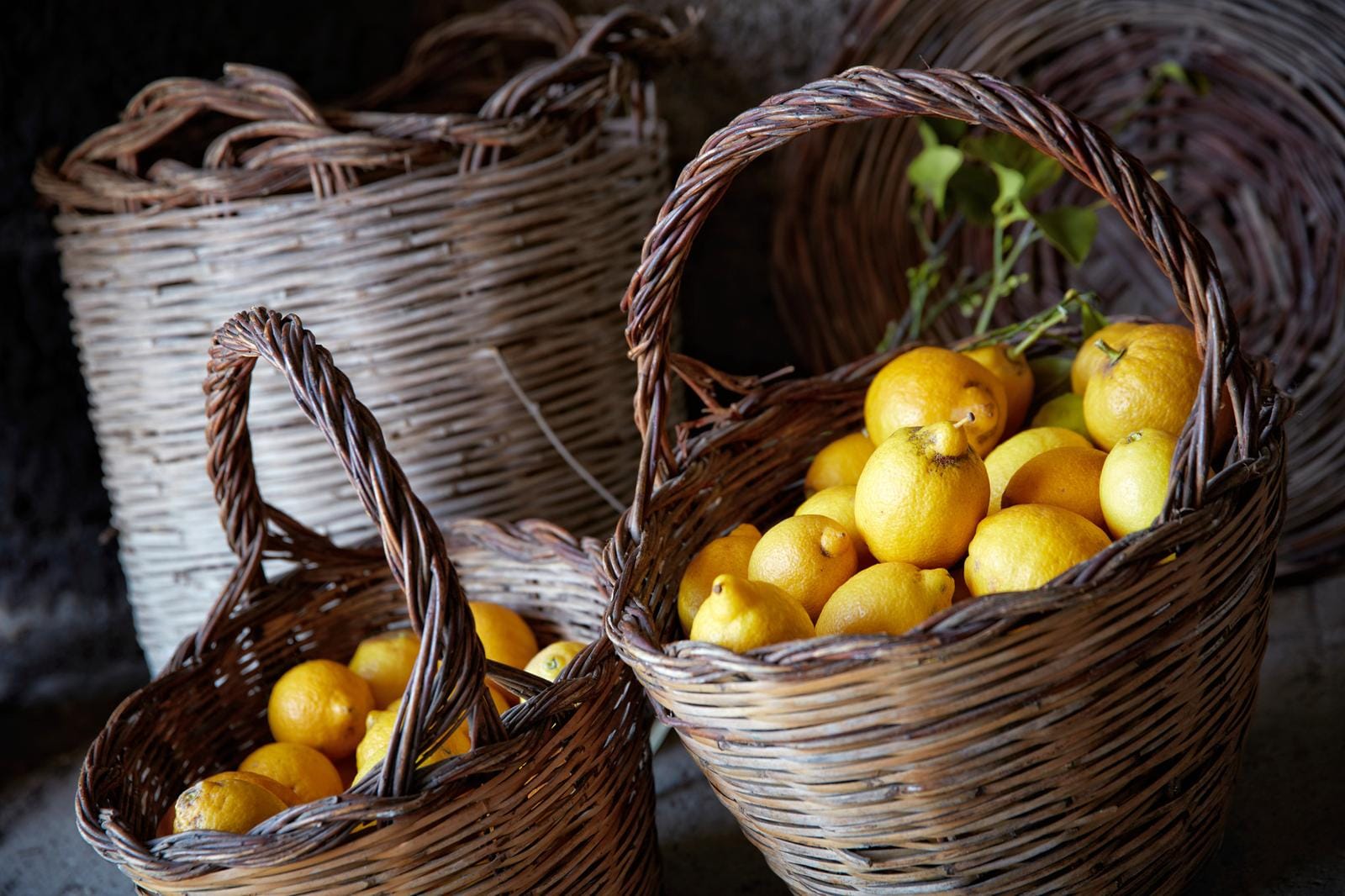 Körbe mit leuchtend gelben Zitronen in rustikalen, geflochtenen Weidenkörben.