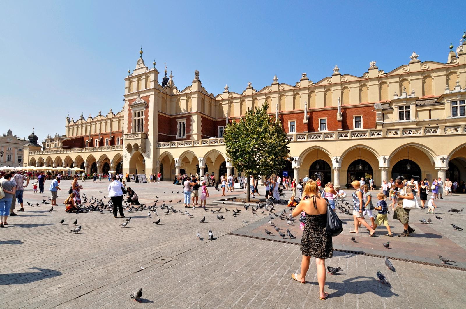 Der Krakauer Hauptmarkt mit historischen Tuchhallen und lebhaftem Treiben.