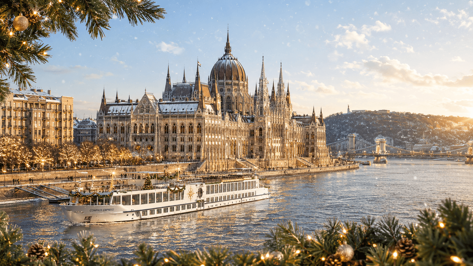 Winterliches Budapest mit beleuchtetem Parlament und festlichem Schiff auf der Donau.