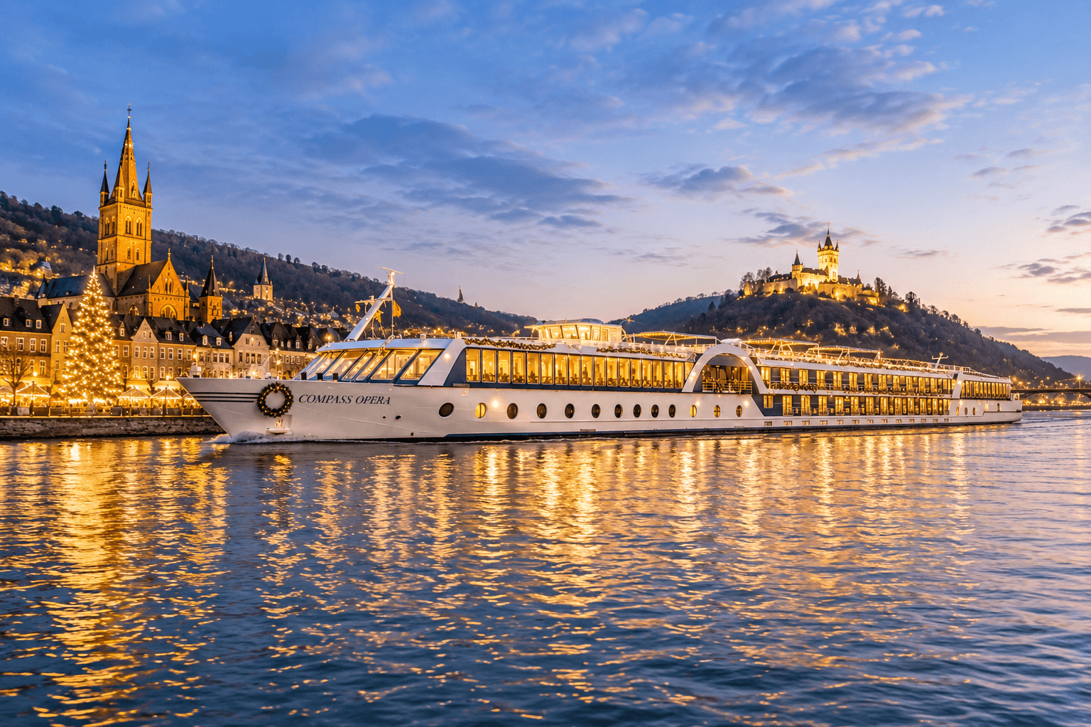 Flusskreuzfahrtschiff vor malerischer Stadtansicht, illuminierte Festung im Hintergrund.