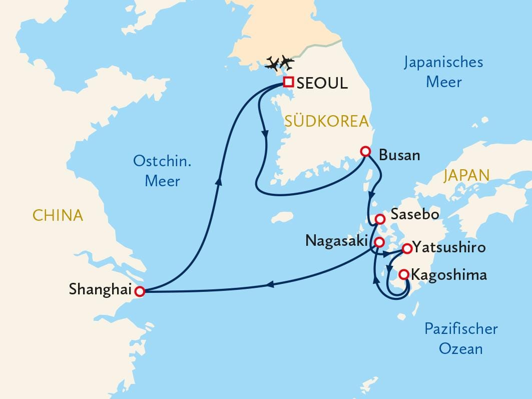 Reiseroute Asien: Südkorea, Japan, China mit Häfen in Seoul, Busan, Shanghai.