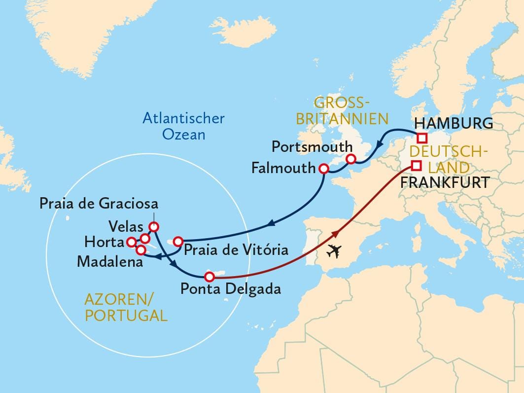 Kreuzfahrtkarte von Hamburg über die Azoren nach Portsmouth.