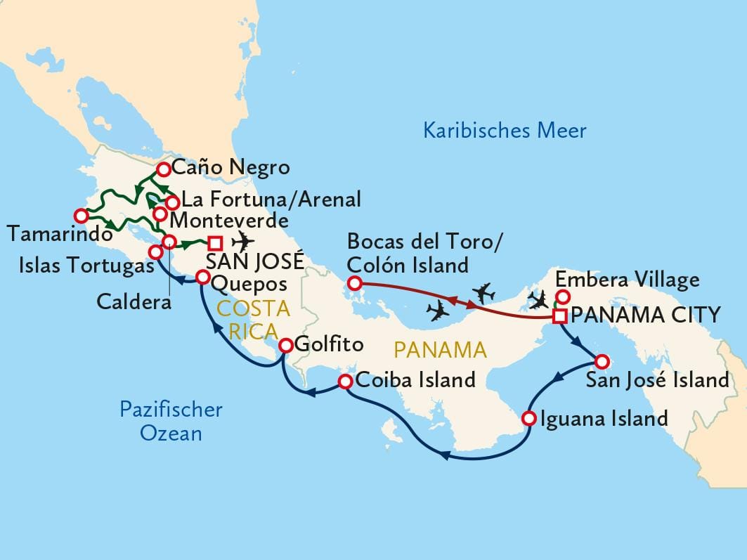 Karte von Costa Rica und Panama mit Städten und beliebten Reiserouten.