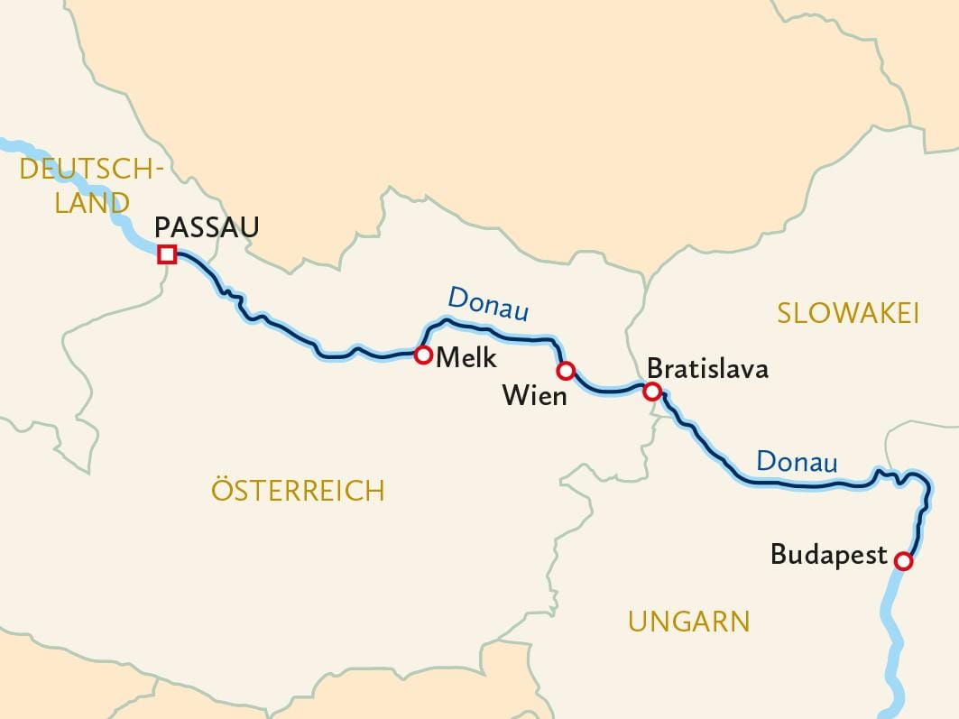 Karte zeigt Donaufluss-Verlauf von Passau nach Budapest durch Deutschland, Österreich, Slowakei, Ungarn.