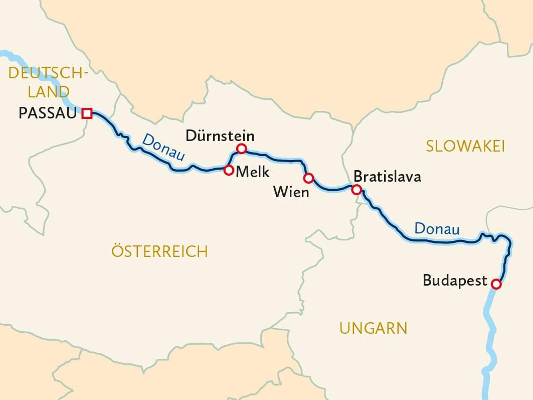 Karte zeigt Donauverlauf von Passau nach Budapest durch Deutschland, Österreich, Slowakei.