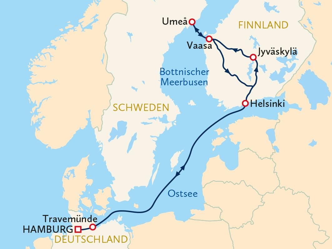 Karte zeigt eine Reiseroute von Hamburg nach Finnland über Helsinki und den Bottnischen Meerbusen.