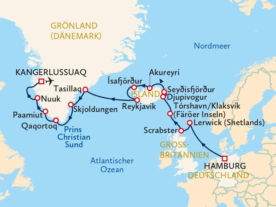 Karte zeigt Reiseroute von Hamburg durch Grönland und Island mit Stopps und Flugrouten.