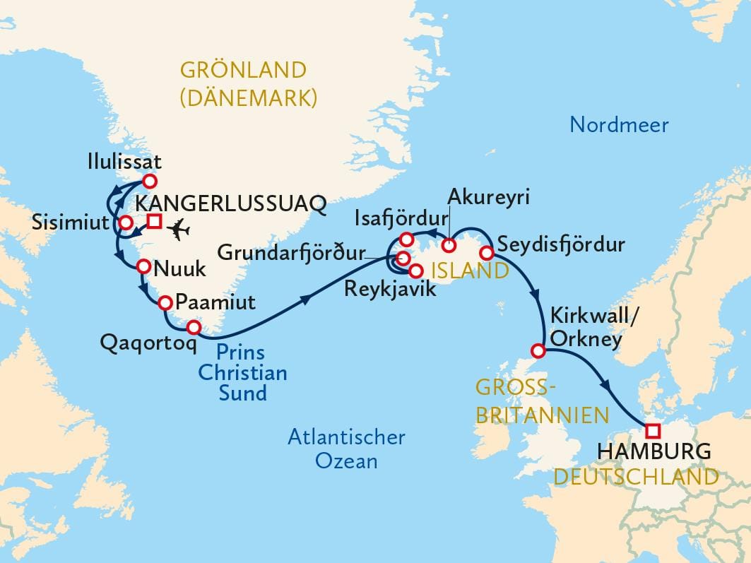 Karte einer Kreuzfahrtstrecke von Hamburg nach Grönland über Island und Orkney.