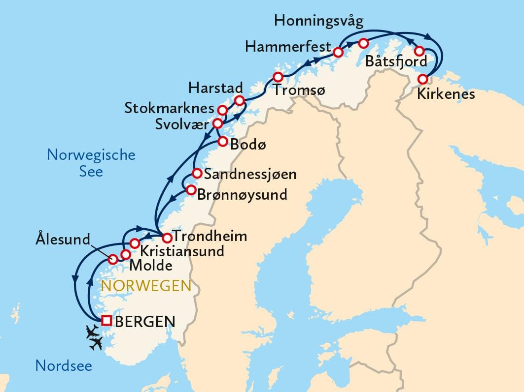 Karte der norwegischen Küste mit Schiffsroute von Bergen nach Kirkenes.