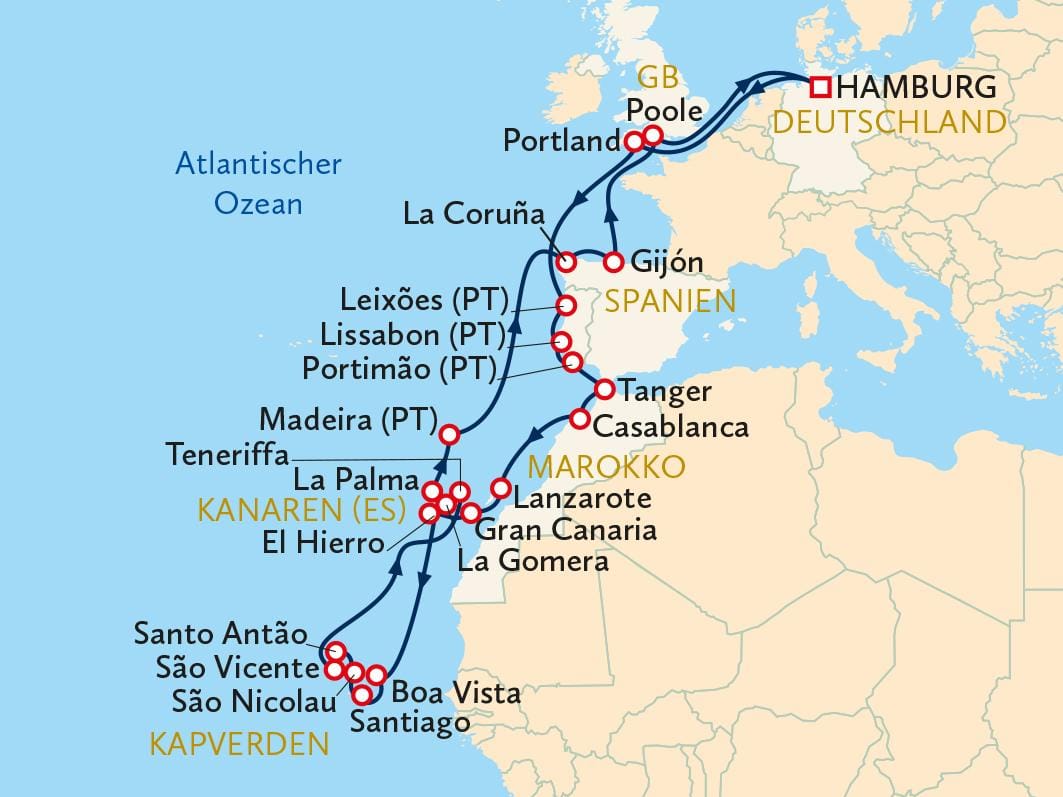 Schifffahrtsroute von Hamburg zu den Kapverden über Europa und Nordafrika.