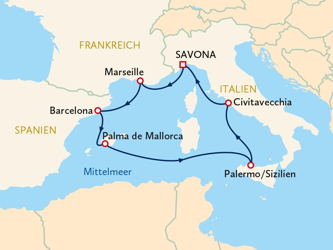 Kreuzfahrt-Route durch das westliche Mittelmeer mit Stopps in Spanien, Frankreich, Italien.