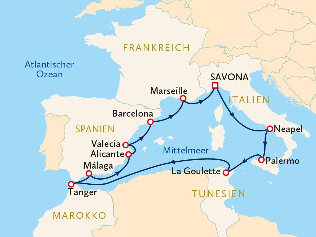 Kreuzfahrt-Route im Mittelmeer; Städte: Marseille, Barcelona, Neapel, Palermo.