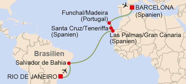 Karte einer Reiseroute von Rio de Janeiro nach Barcelona mit Stopps in Madeira und Kanaren.