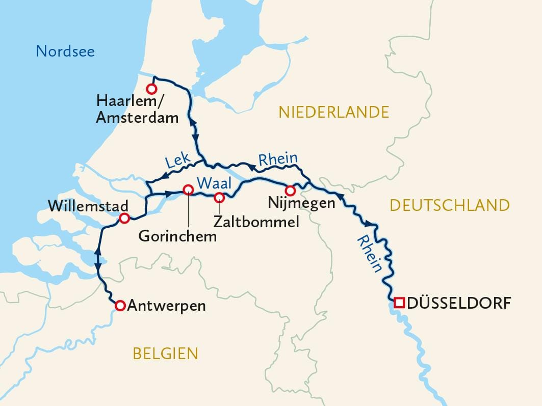 Karte zeigt Flussverlauf von Rhein und Waal, mit Städten in Deutschland und Niederlande.