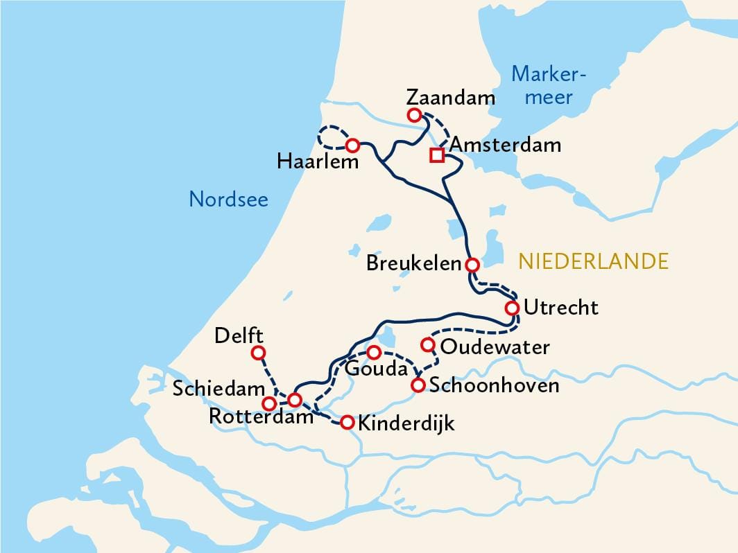 Karte der Niederlande mit Städten: Amsterdam, Rotterdam, Utrecht, Delft, Haarlem. Nordsee.