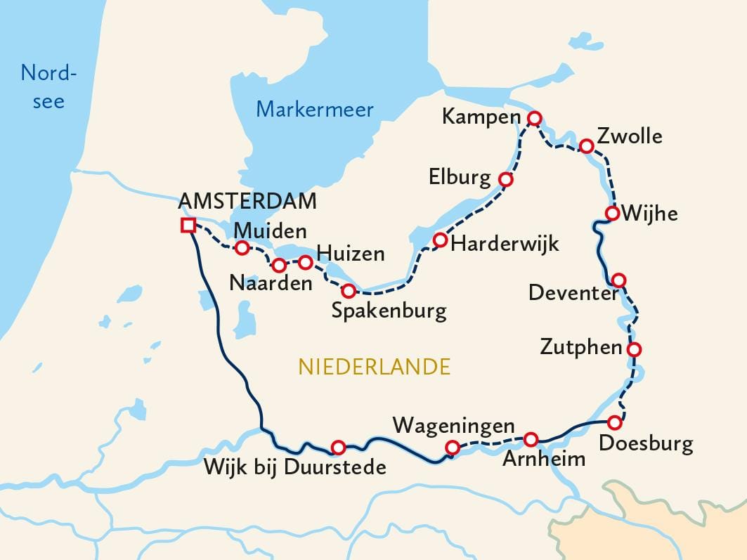Karte der Niederlande mit Städten von Amsterdam bis Doesburg entlang markierter Route.