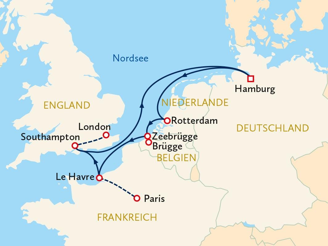 Kreuzfahrtroute: Nordsee, von Hamburg über Zeebrügge, Le Havre nach Southampton.