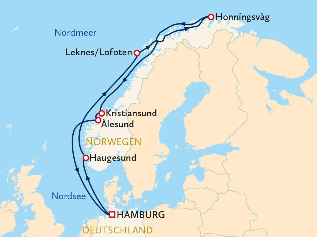 Karte einer Kreuzfahrt von Hamburg, Deutschland nach Norwegen mit mehreren Stopps.