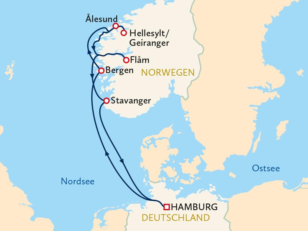 Kreuzfahrt von Hamburg durch Norwegen: Stavanger, Bergen, Ålesund, Geiranger und Flåm.