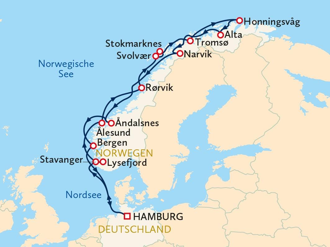 Kreuzfahrtroute durch Norwegen, von Hamburg entlang der Küste bis zu den nordischen Fjorden.