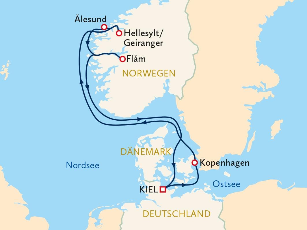 Karte einer Kreuzfahrt von Kiel über Kopenhagen, Ålesund, Geiranger und Flåm in Norwegen.