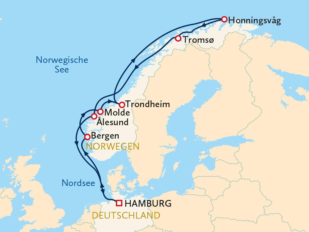 Karte mit Reiseroute von Hamburg nach Norwegen, Städte: Bergen, Trondheim, Tromsø.
