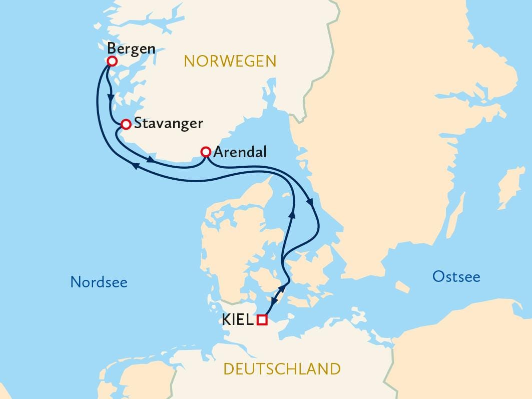 Kreuzfahrt-Routenkarte: Kiel, Deutschland nach Bergen, Stavanger, Arendal, Norwegen.
