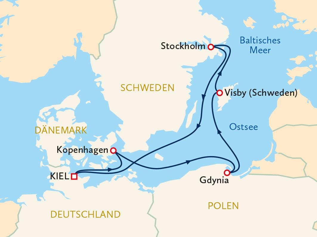 Karte zeigt Ostsee-Kreuzfahrt-Route mit Stops in Kiel, Kopenhagen, Stockholm.