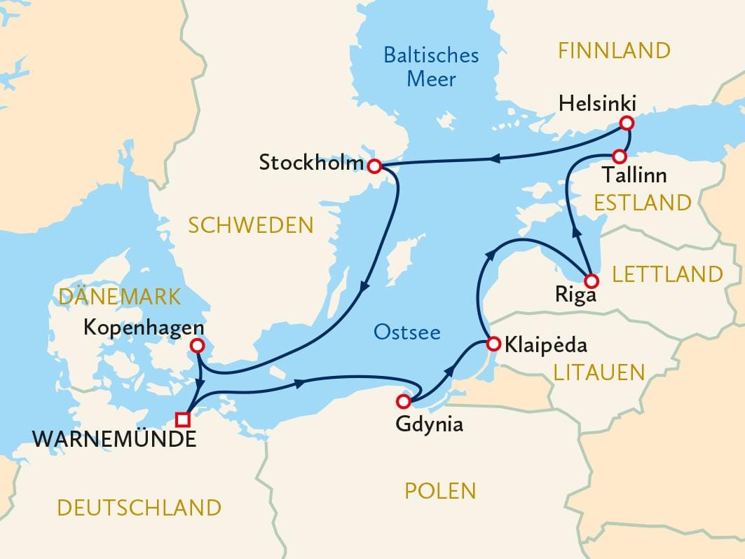 Karte der Ostsee zeigt Reiseroute mit Städten wie Helsinki, Stockholm, und Kopenhagen.