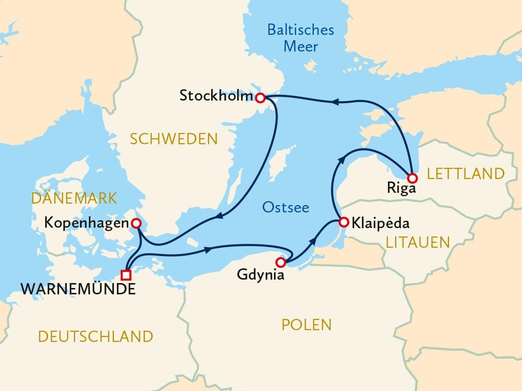 Kreuzfahrtkarte der Ostsee mit Stopps in Kopenhagen, Stockholm, Riga und Klaipėda.