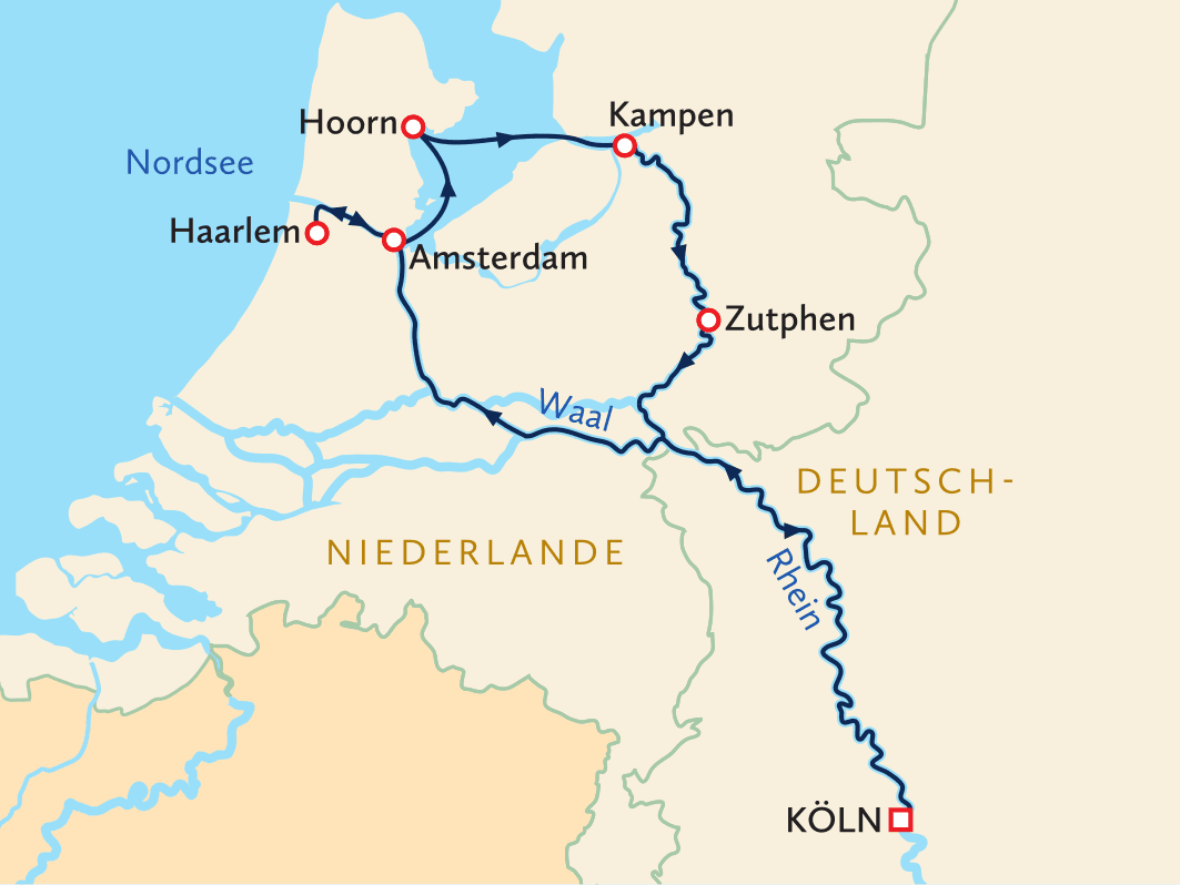 Karte der Niederlande und Deutschland mit Städten und Flüssen in Blau hervorgehoben.