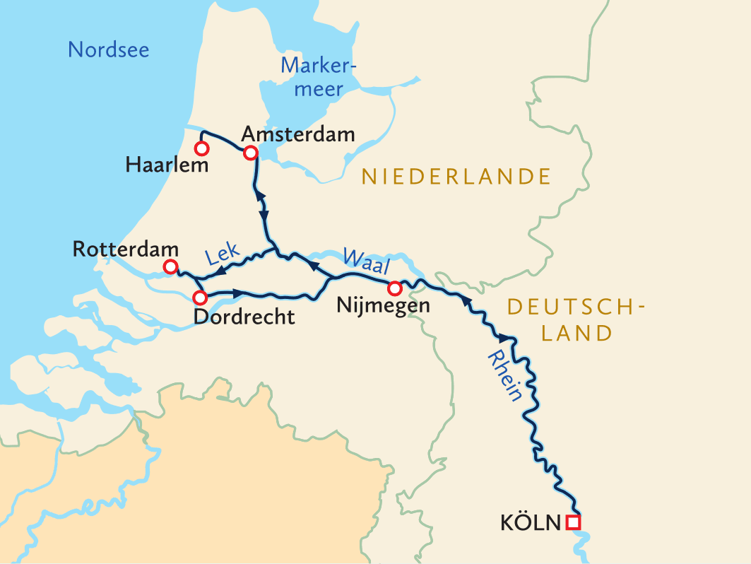 Karte der Wasserwege von Köln durch die Niederlande bis zur Nordsee.