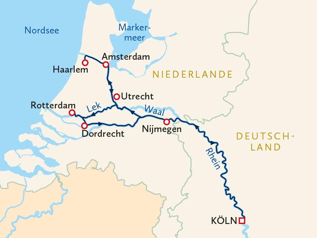 Karte der Niederlande und Deutschland mit Flüssen und Städtenamen.