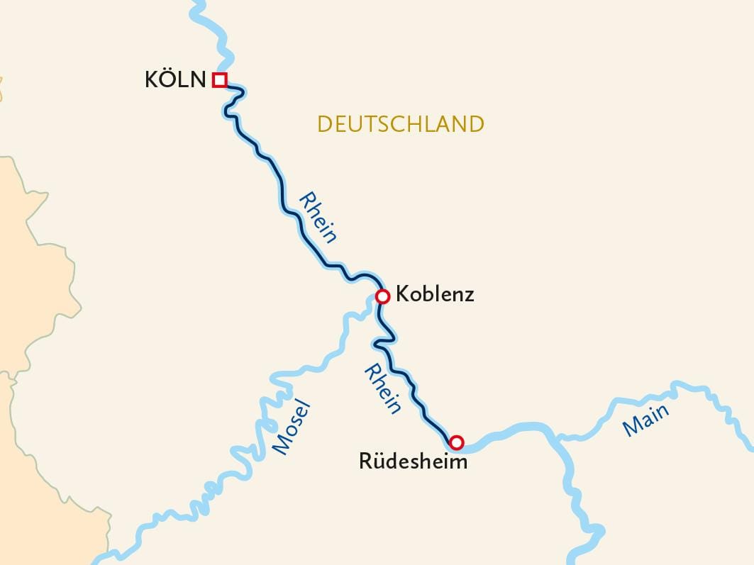 Karte von Deutschland: zeigt den Rheinverlauf von Köln über Koblenz bis Rüdesheim.