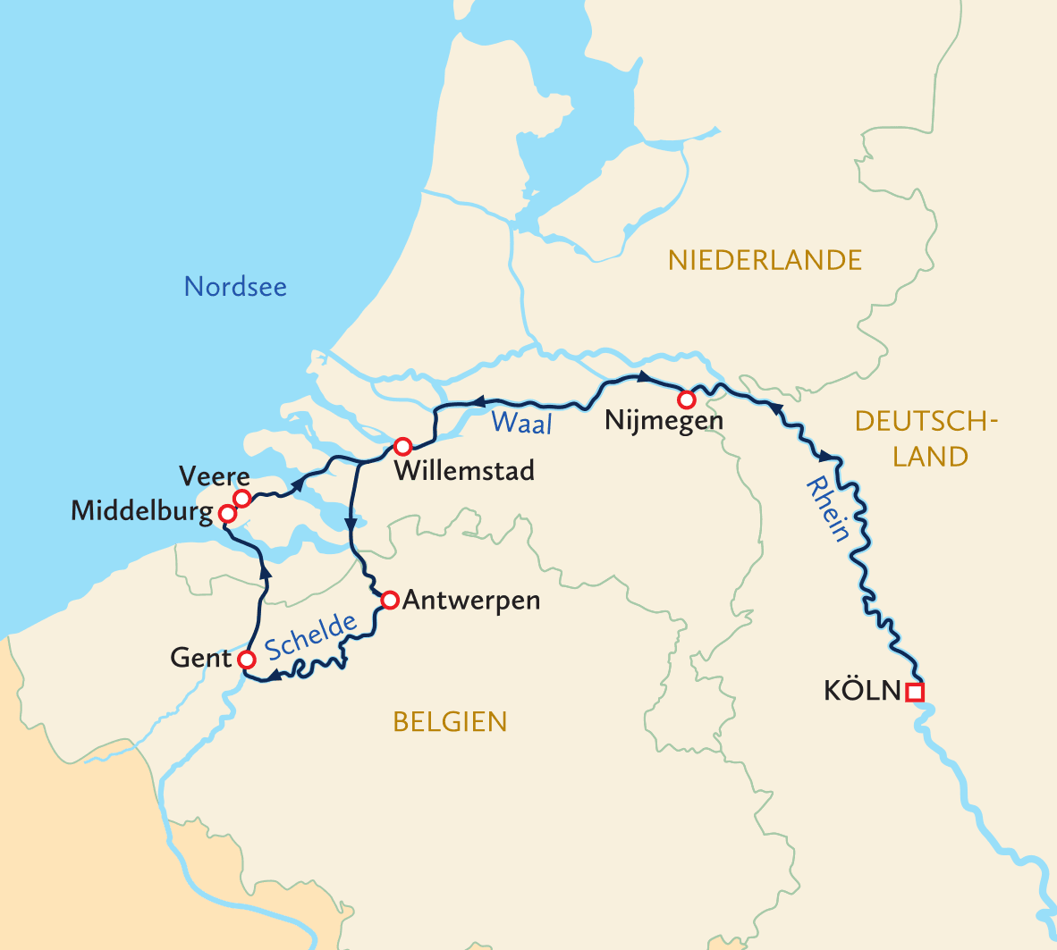 Karte von Westeuropa mit Flüssen und Städten wie Antwerpen und Köln markiert.