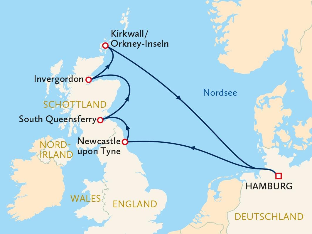 Kreuzfahrtroute von Hamburg zu den Orkney-Inseln durch Schottland und Newcastle, England.