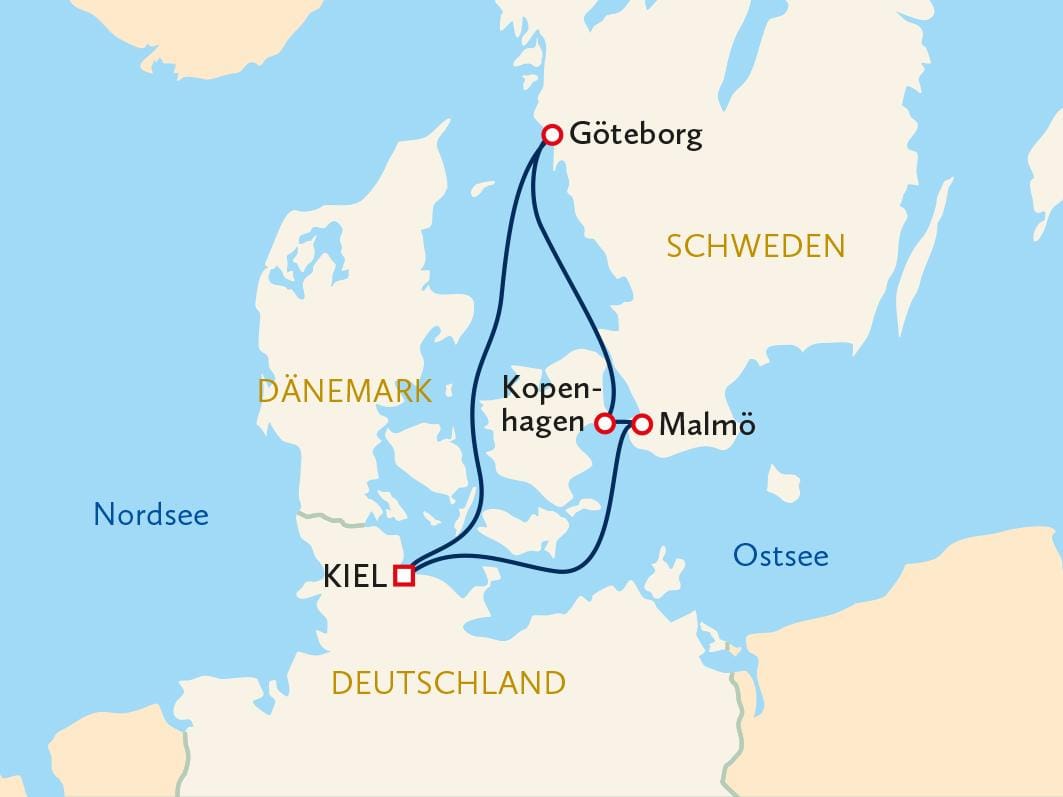Karte der Nordsee- und Ostsee-Region mit Reiseverlauf über Kiel, Kopenhagen, Malmö, Göteborg.