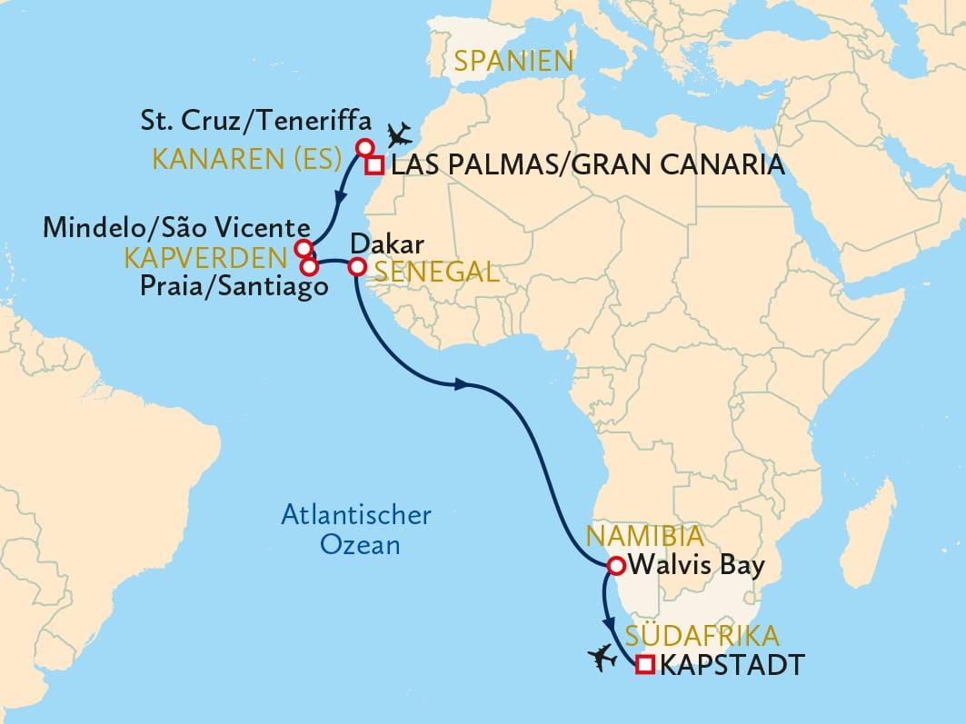 Karte zeigt Route von Kanaren über Kap Verde nach Südafrika durch den Atlantik.
