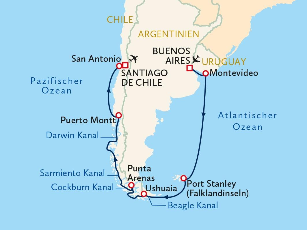 Karte Südamerikas mit Reiseroute: Chile, Argentinien, Uruguay, Falklandinseln.