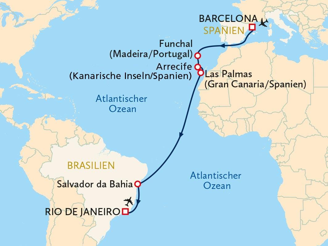 Kreuzfahrt-Route im Atlantik: Von Barcelona nach Rio de Janeiro mit mehreren Stopps.