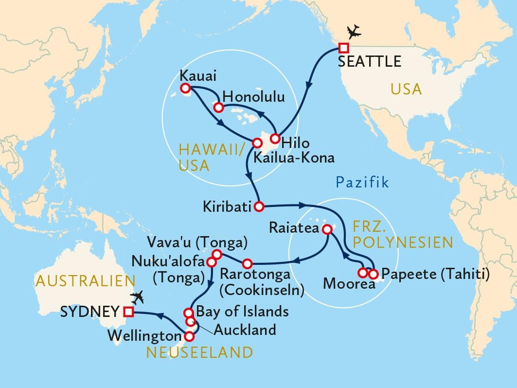 Kreuzfahrtkarte im Pazifik: Route von Seattle über Hawaii, Neuseeland, Polinesien.